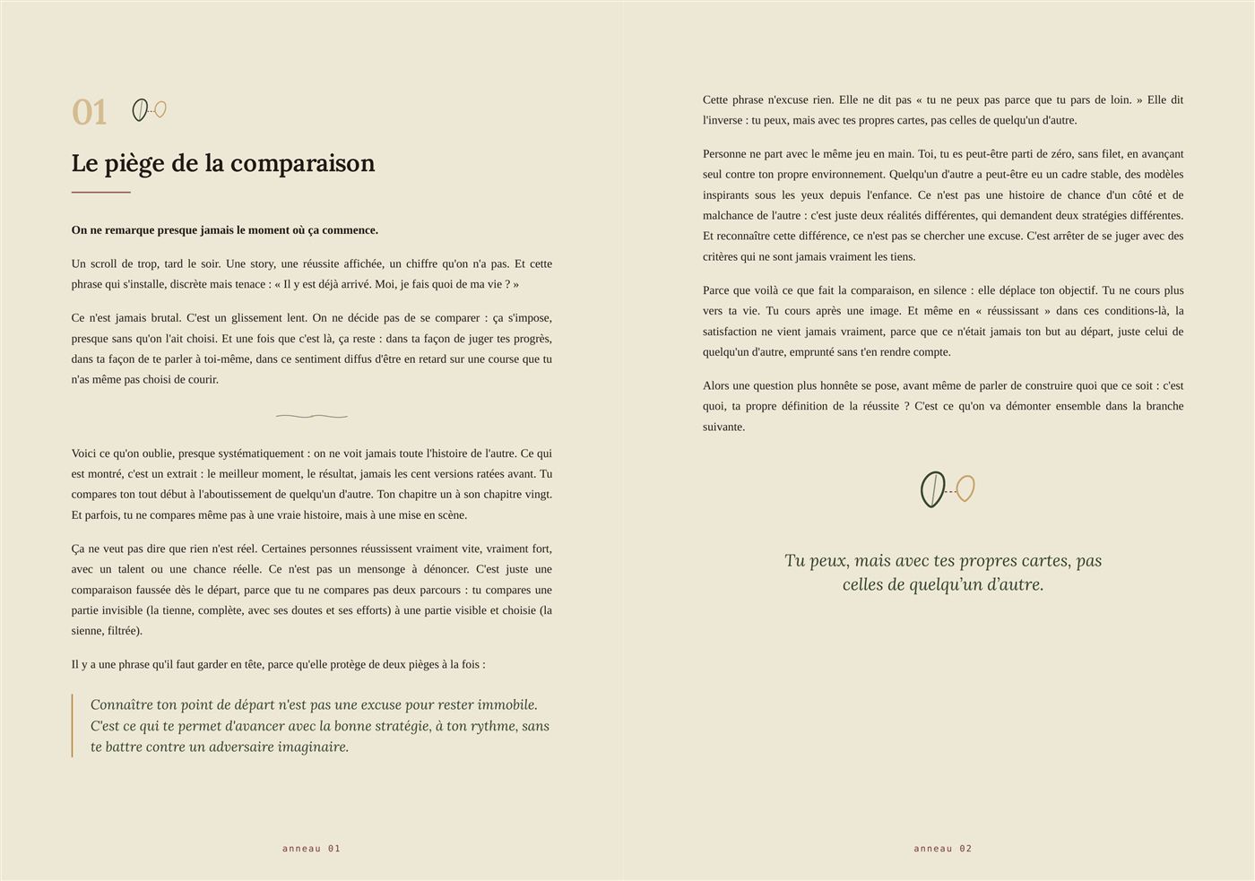 Double page du livre, branche 01 : Le piège de la comparaison, avec citation extraite en fin de chapitre.