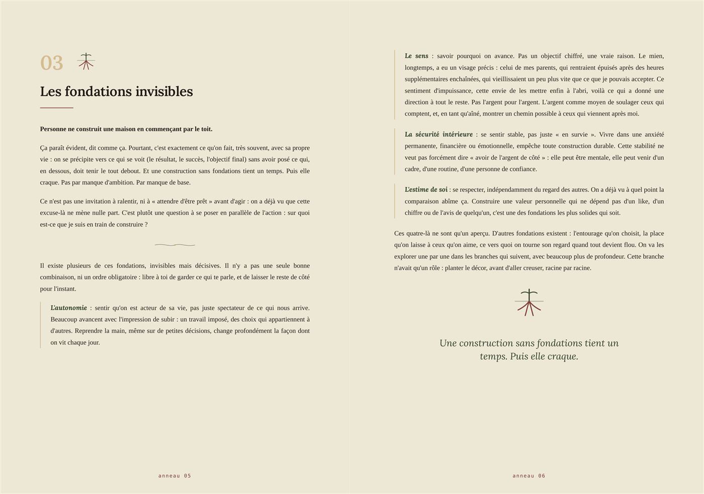 Double page du livre, branche 03 : Les fondations invisibles, avec définitions en marge.