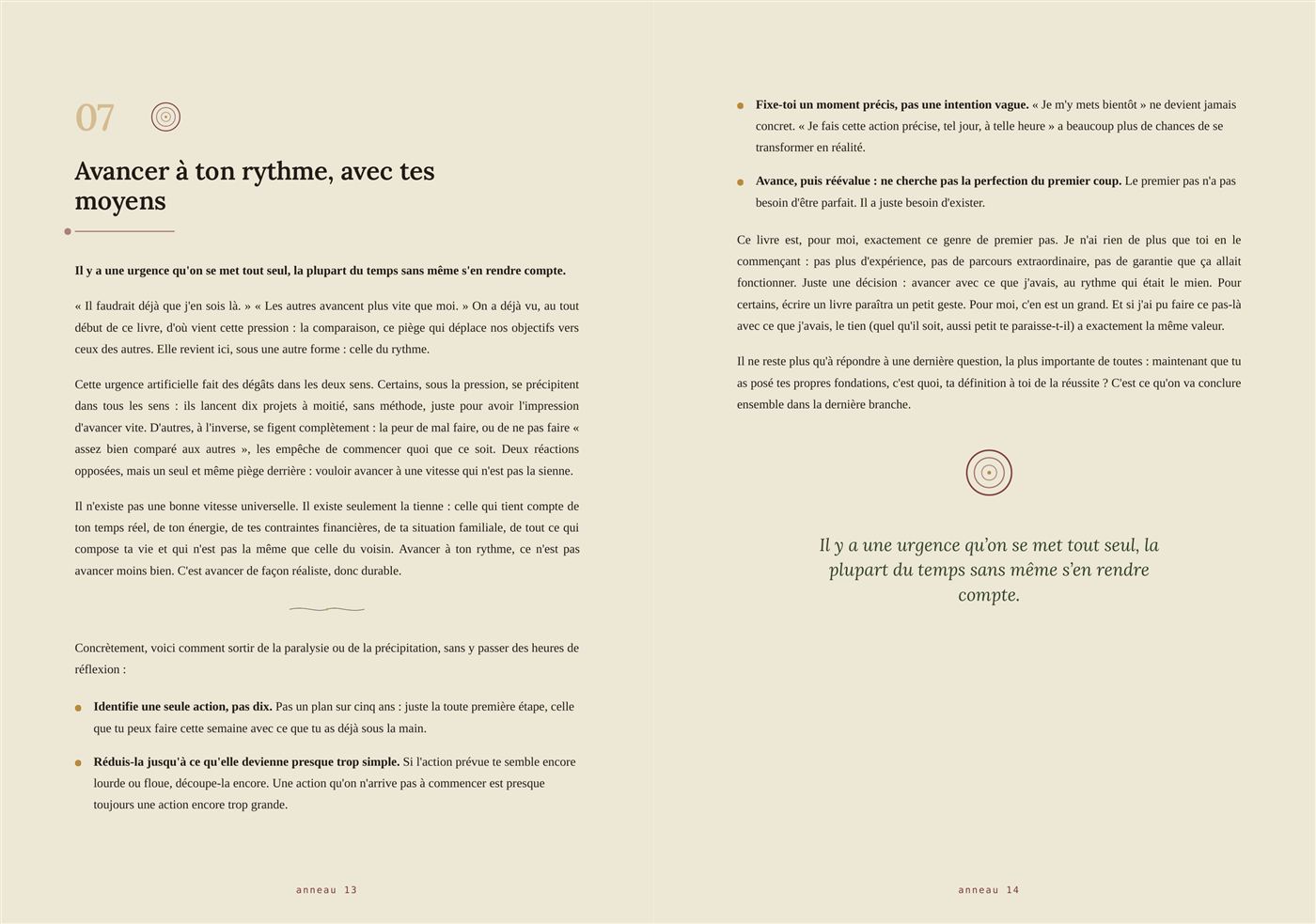 Double page du livre, branche 07 : Avancer à ton rythme, avec tes moyens, avec liste d'actions concrètes.