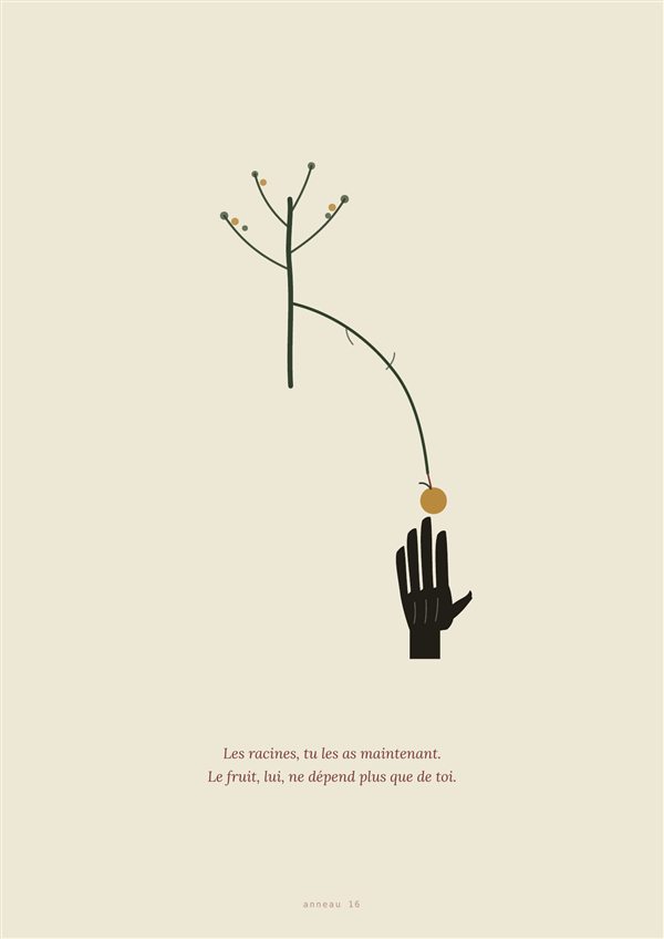 Illustration finale du livre : une main qui cueille le dernier fruit de l'arbre.